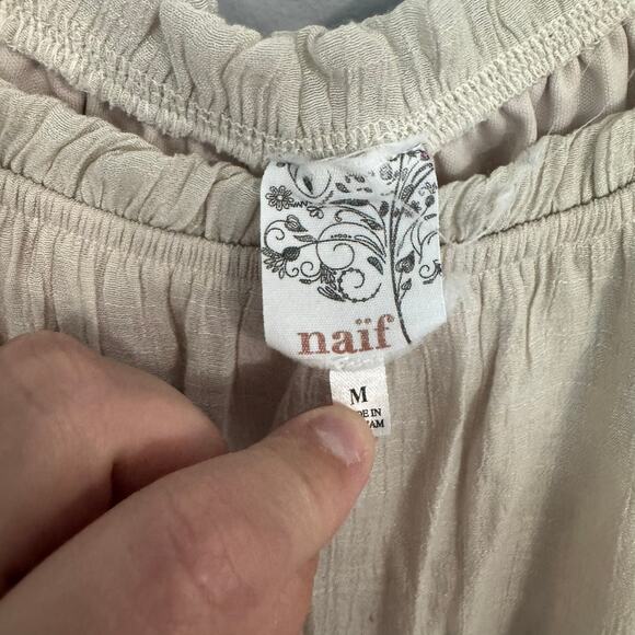 Naif Half Sleeve Gauzy Boho Mini Dress Women's Size Medium Light Beige Crinkle - Picture 6 of 7